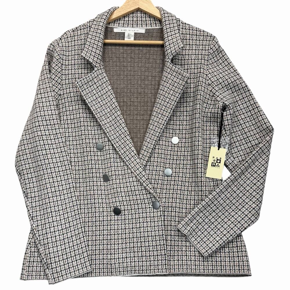 Max Studio Womens Blazer Jacket Sz L Brown Black White Houndstooth Double Breast